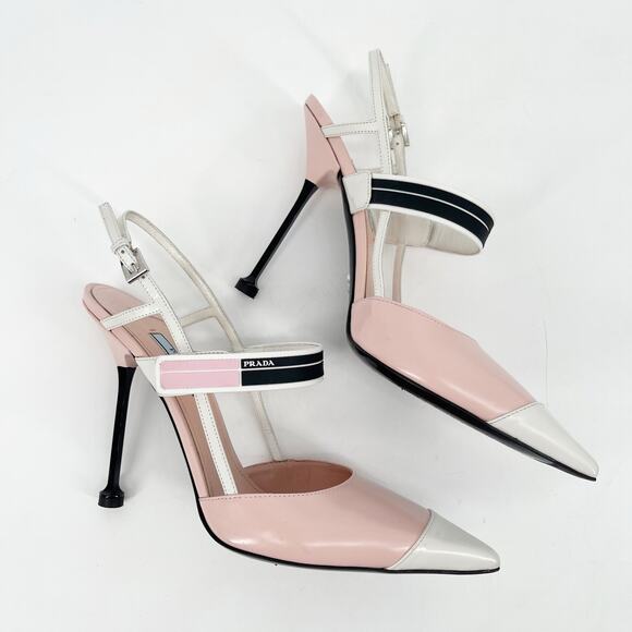 Prada Pink White Brushed Leather Logo Strap Slingback Cap Toe Heels IT 40 - Picture 4 of 16